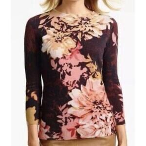 Talbots Women's 100% Cashmere Crewneck Sweater Size Medium 3/4 Sleeves Floral